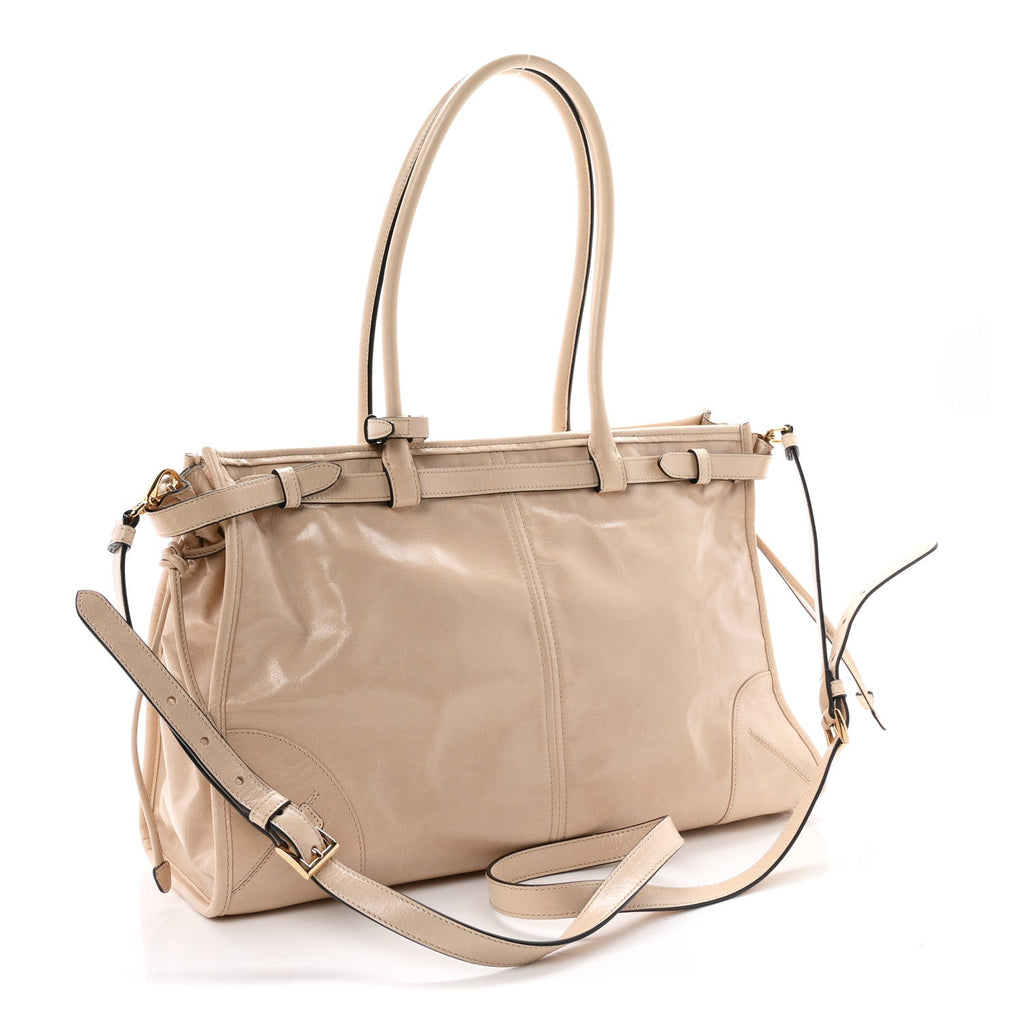Glossy Calfskin Triangle Large Bonnie Shoulder Bag Travertine