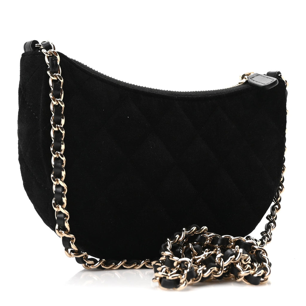 Velvet Crystal Quilted Chain Hobo Black
