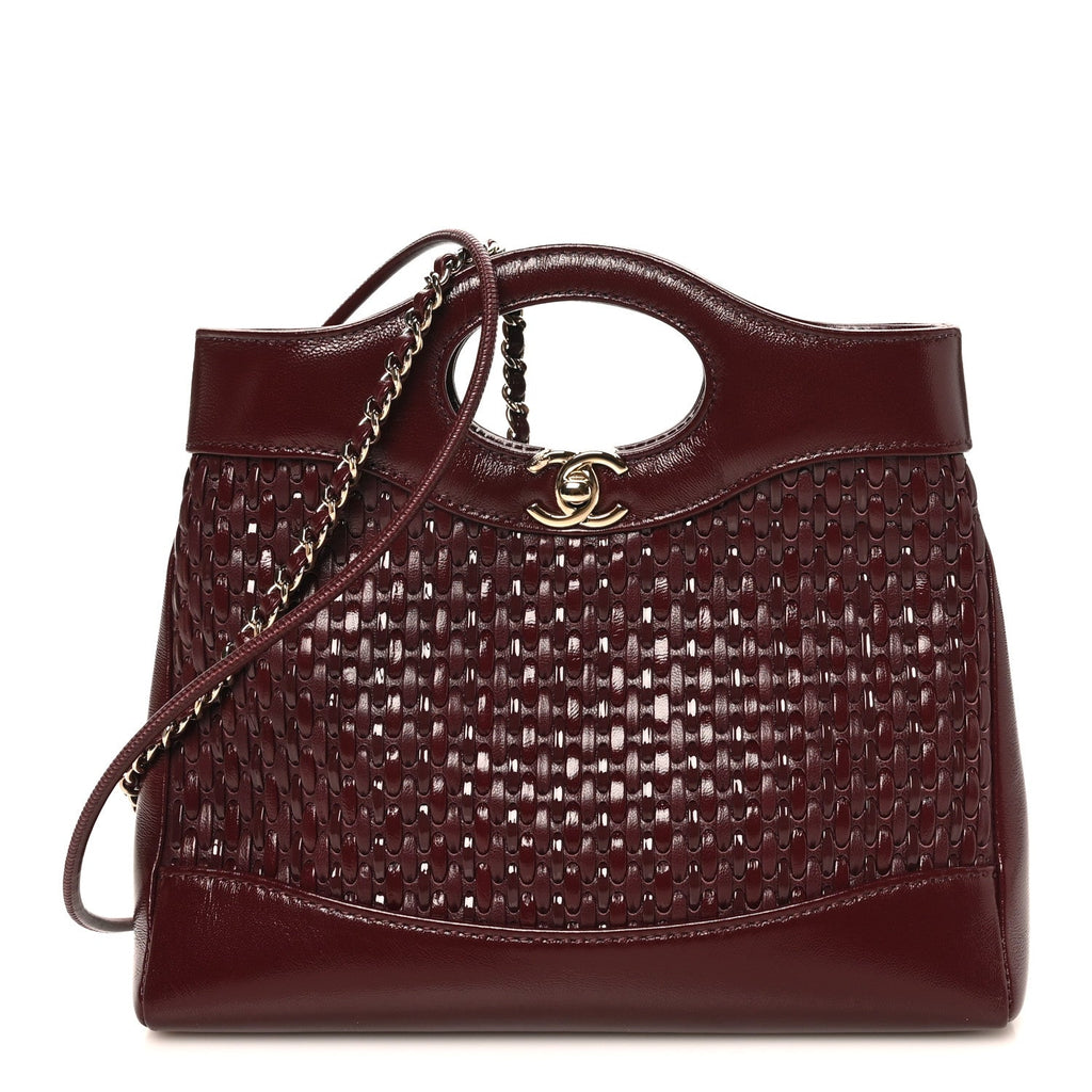 Shiny Lambskin Patent Calfskin Quilted Mini 31 Shopping Bag Dark Burgundy