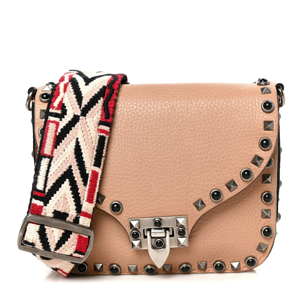 Grained Calfskin Onyx Guitar Strap Rockstud Rolling Shoulder Flap Messenger Bag Soft Noisette