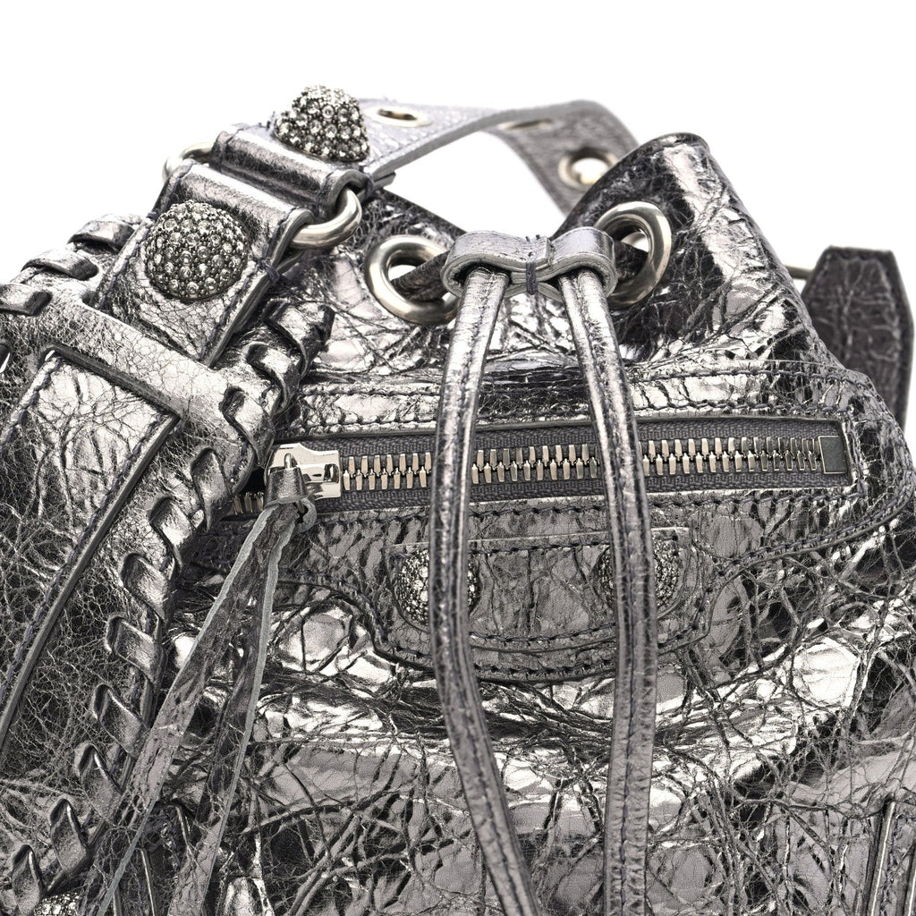 Metallic Agneau Arena Crystal Le Cagole Bucket Bag XS Silver