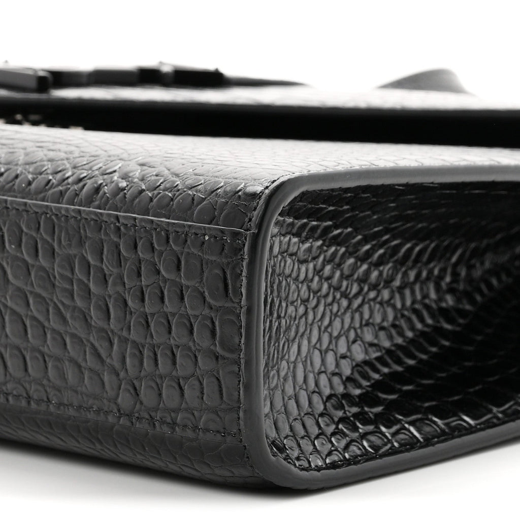 Calfskin Crocodile Embossed Monogram Large Satchel Black