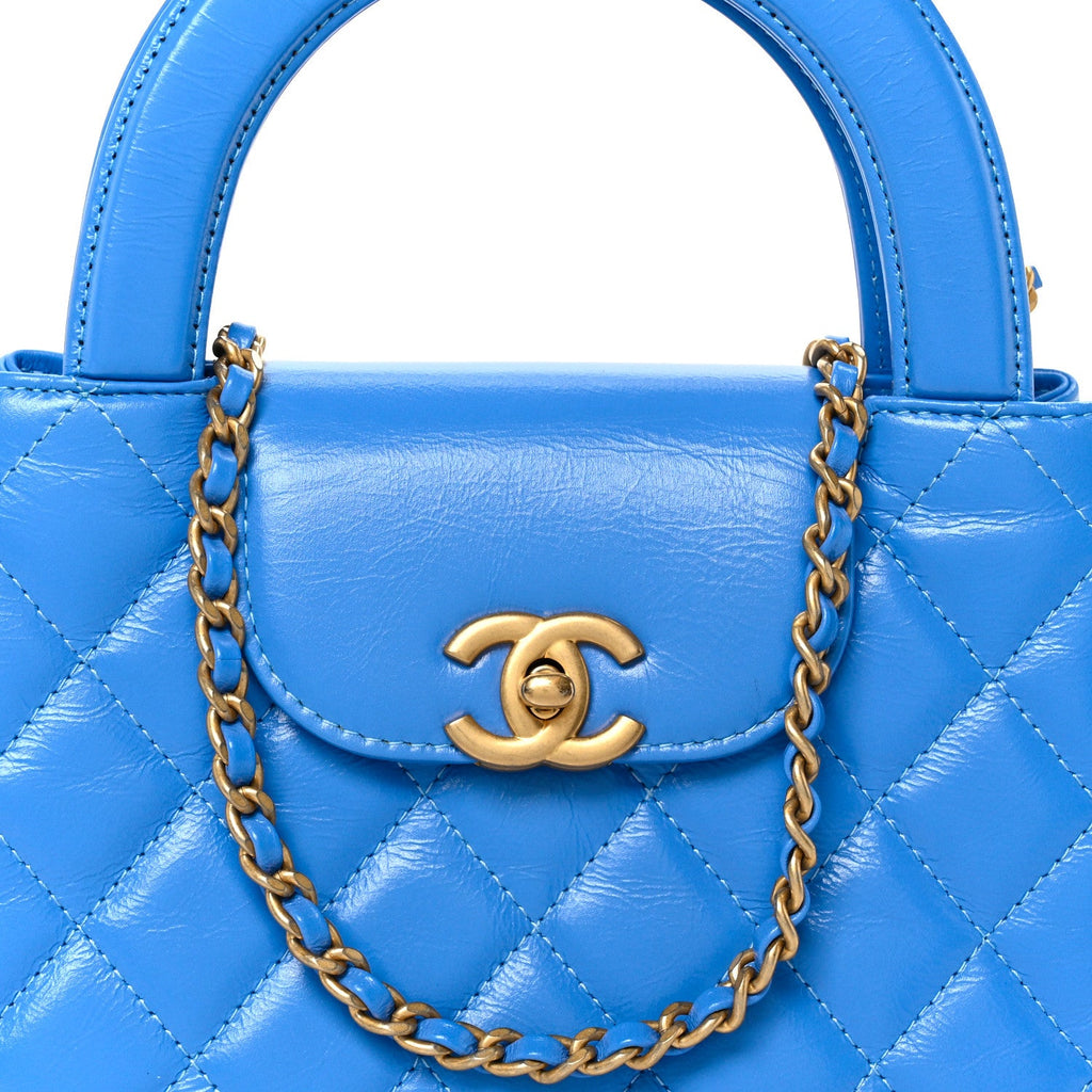 Shiny Aged Calfskin Quilted Nano Kelly Shopper Blue