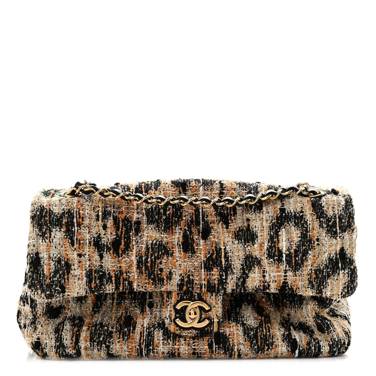 Tweed Mixed Fibers Leopard Print Small Souplissimo Maxi Flap Brown Black White