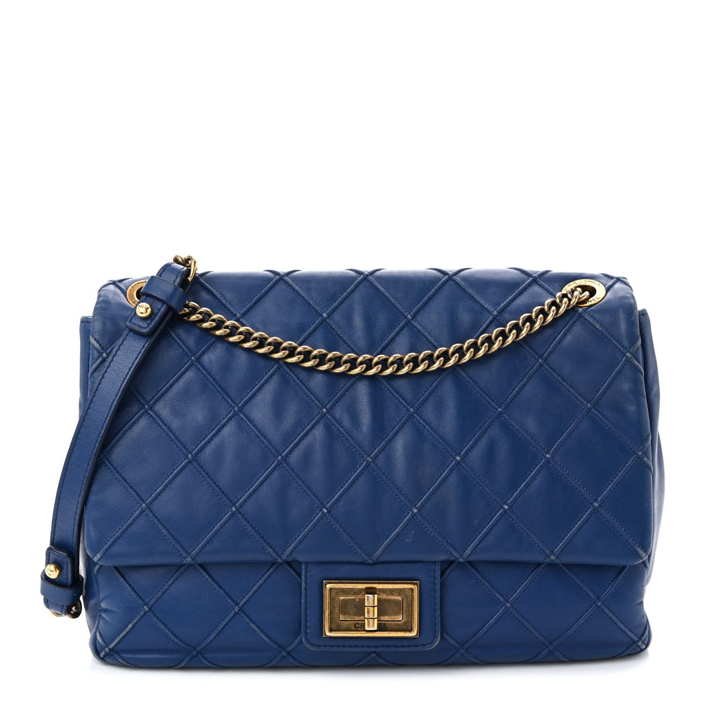 Calfskin Diamond Debossed Large Cosmos Flap Blue