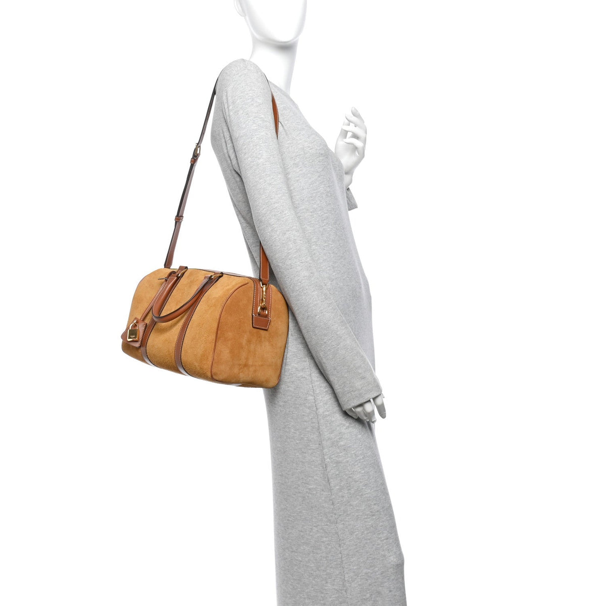Waxed Suede Calfskin Large Boston Bag Tobacco