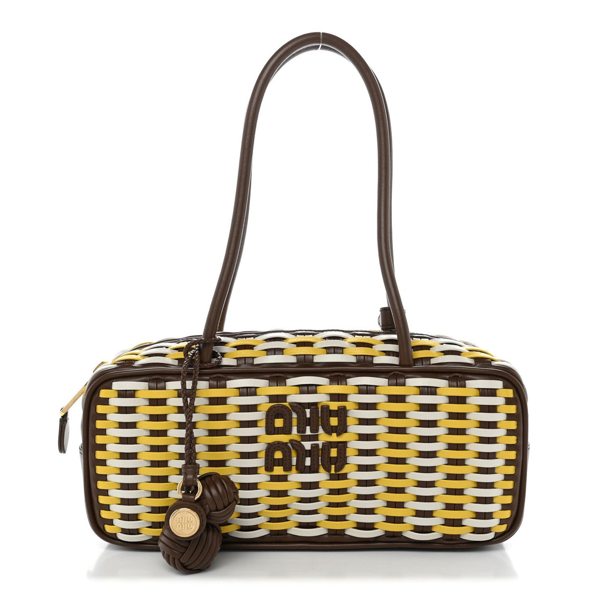 Woven Calfskin Small Beau Top Handle Bag Acero Sole Talco
