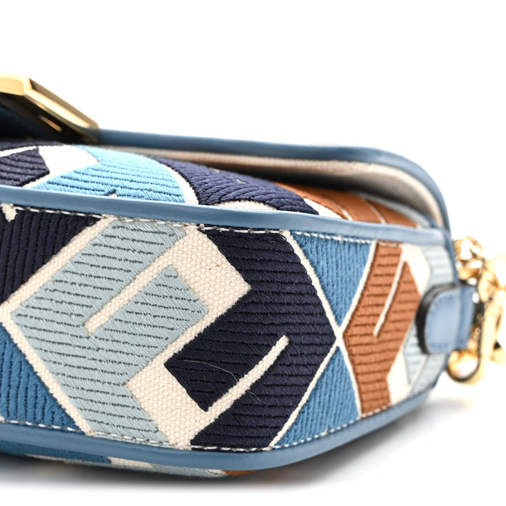 Canvas Vitello King Seta FF Embroidered Mini Baguette Blue Multicolor