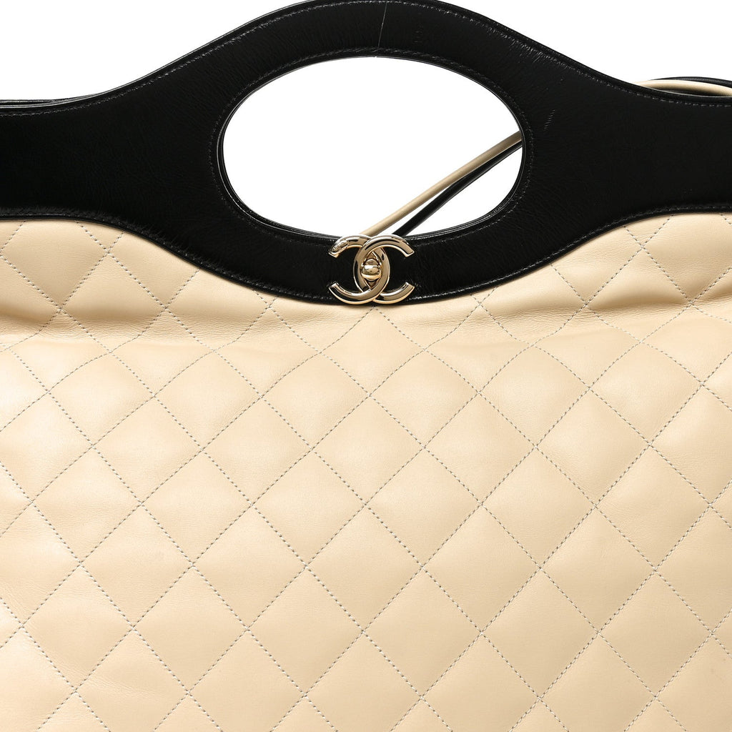 Aged Calfskin Quilted Large 31 Shopping Bag Beige Black Beige Black