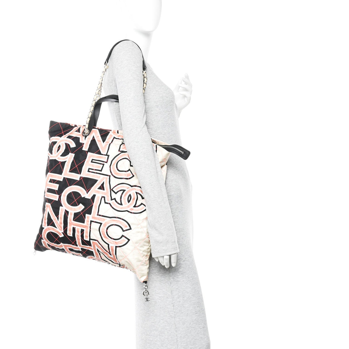 Nylon Stitched Printed Logo Shopping Bag Black White