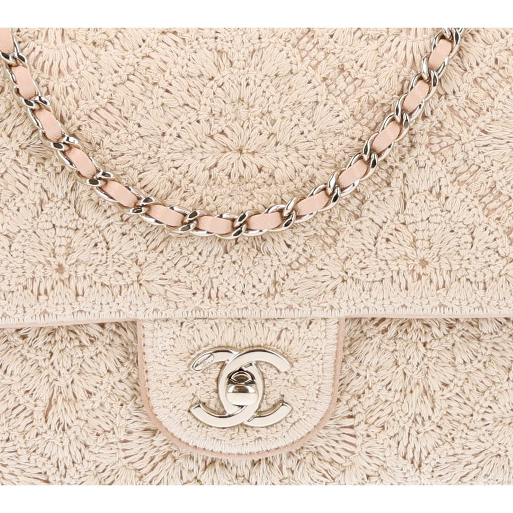 Crochet Embroidered Camelia Small Rectangular Flap Ecru