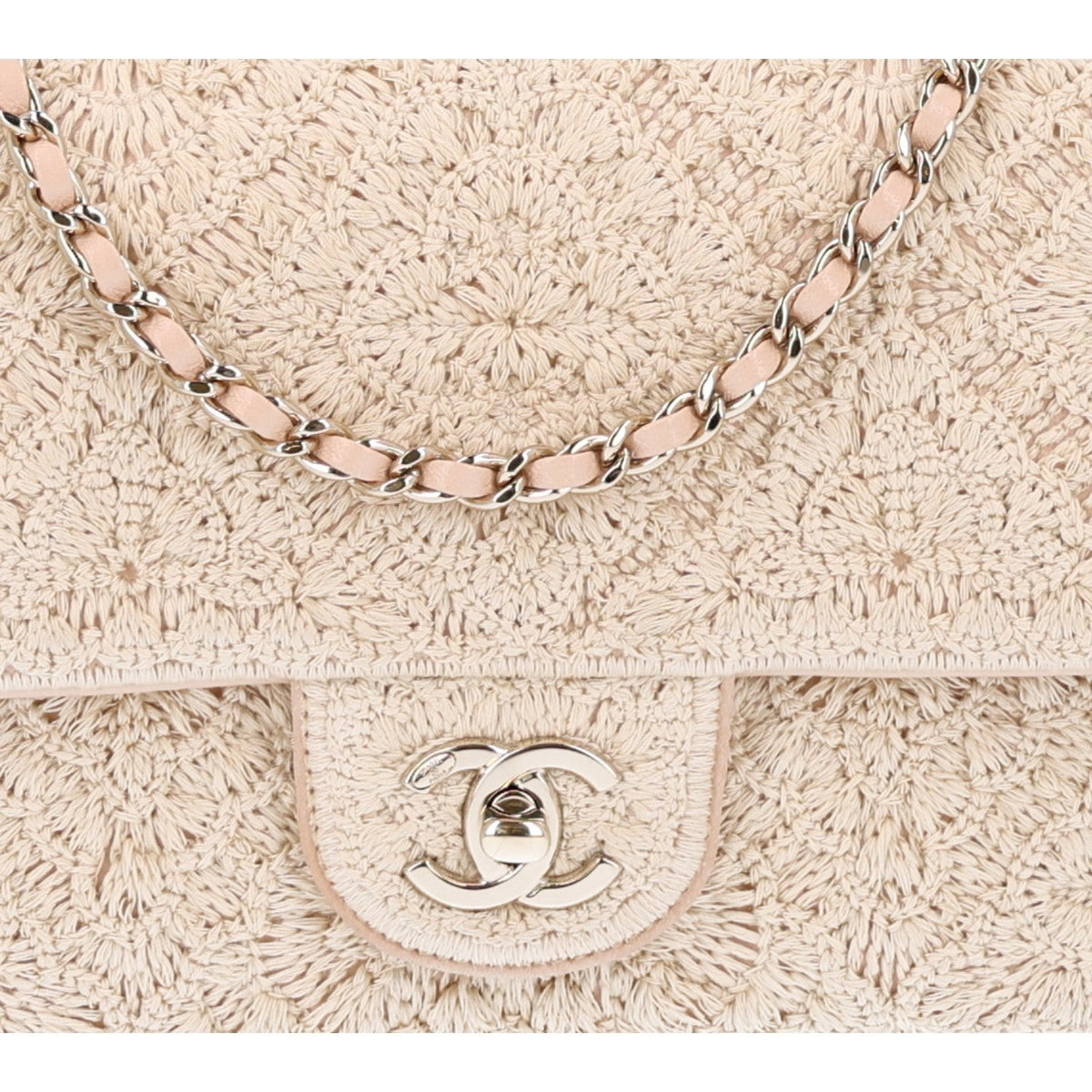 Crochet Embroidered Camelia Small Rectangular Flap Ecru