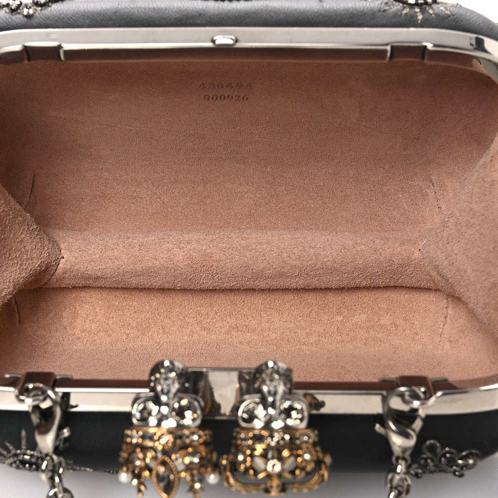 Nappa Crystal Embroidered Mushroom Box Clutch Black