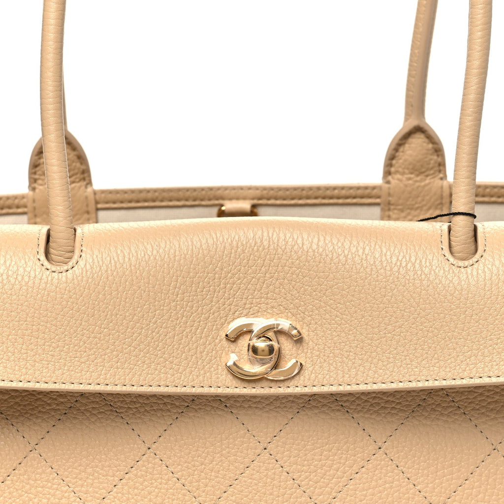 Grained Calfskin Stitched Urban Essentials Small Shopping Bag Beige