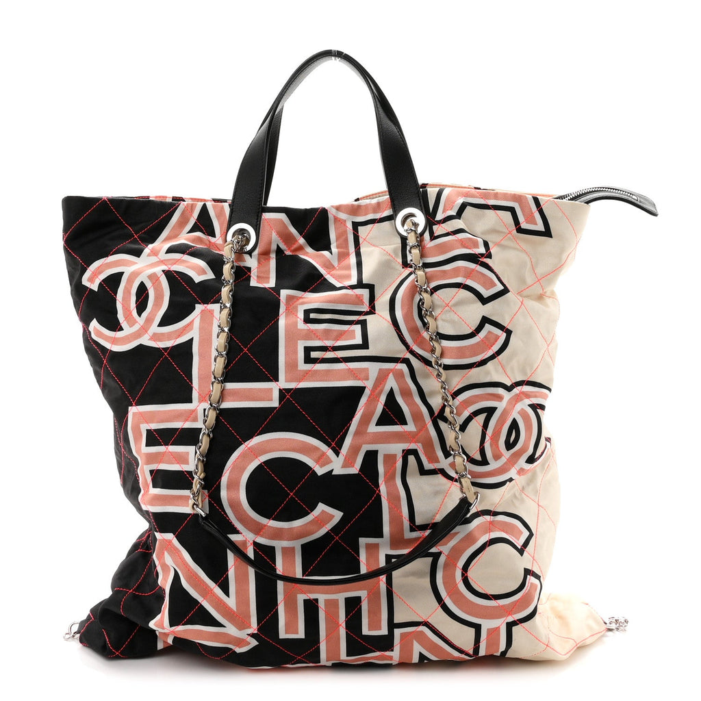 Nylon Stitched Printed Logo Shopping Bag Black White