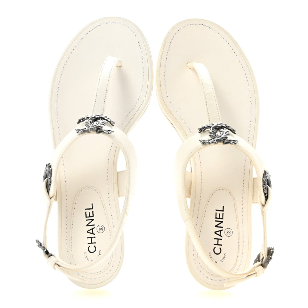 Lambskin CC Leaf Thong Sandals 36 White