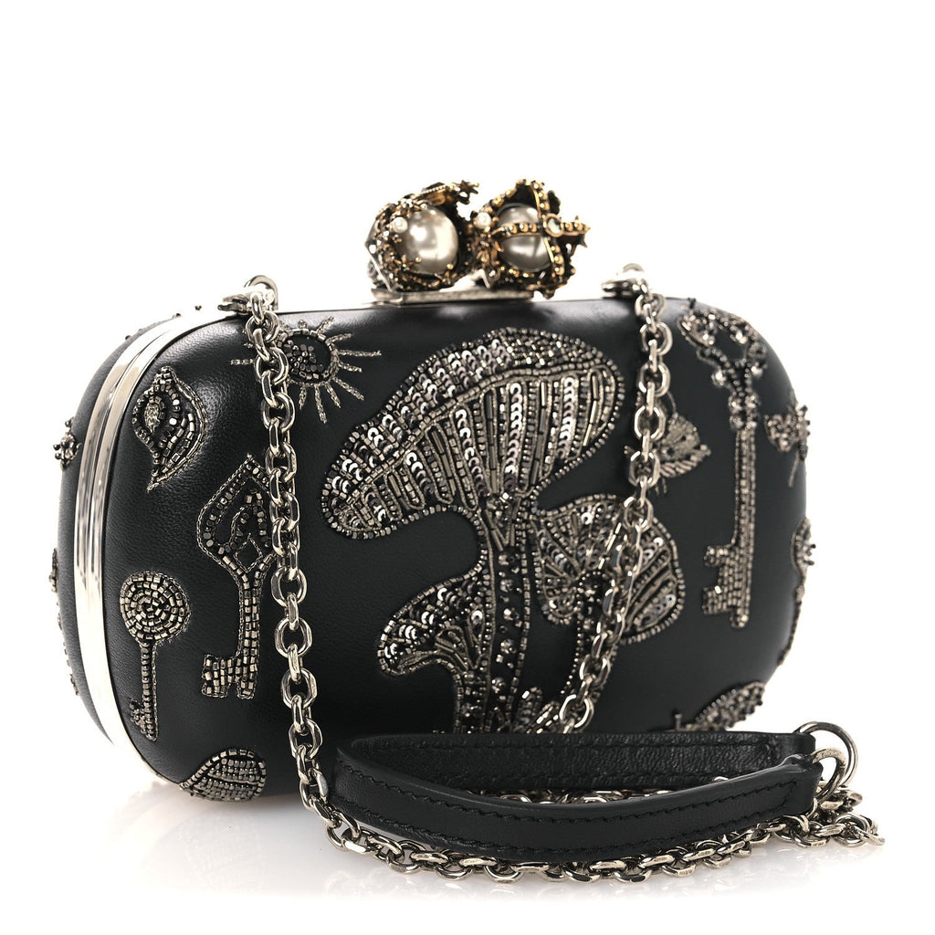 Nappa Crystal Embroidered Mushroom Box Clutch Black