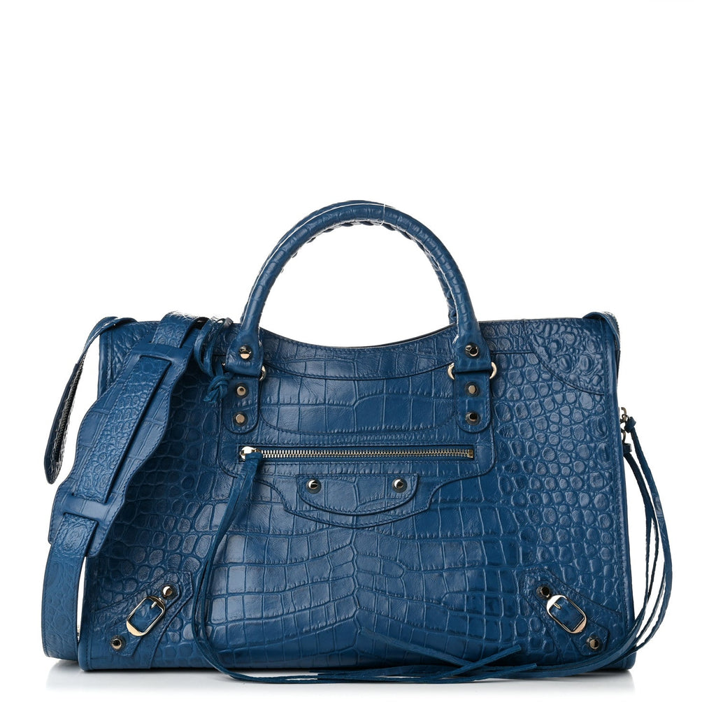 Calfskin Crocodile Embossed Classic Silver Hardware City Bleu Marine