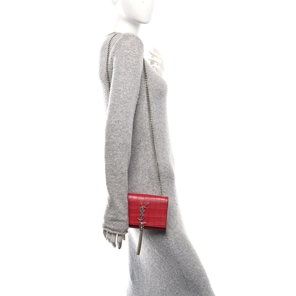 Calfskin Crocodile Embossed Small Classic Monogram Kate Tassel Satchel Red