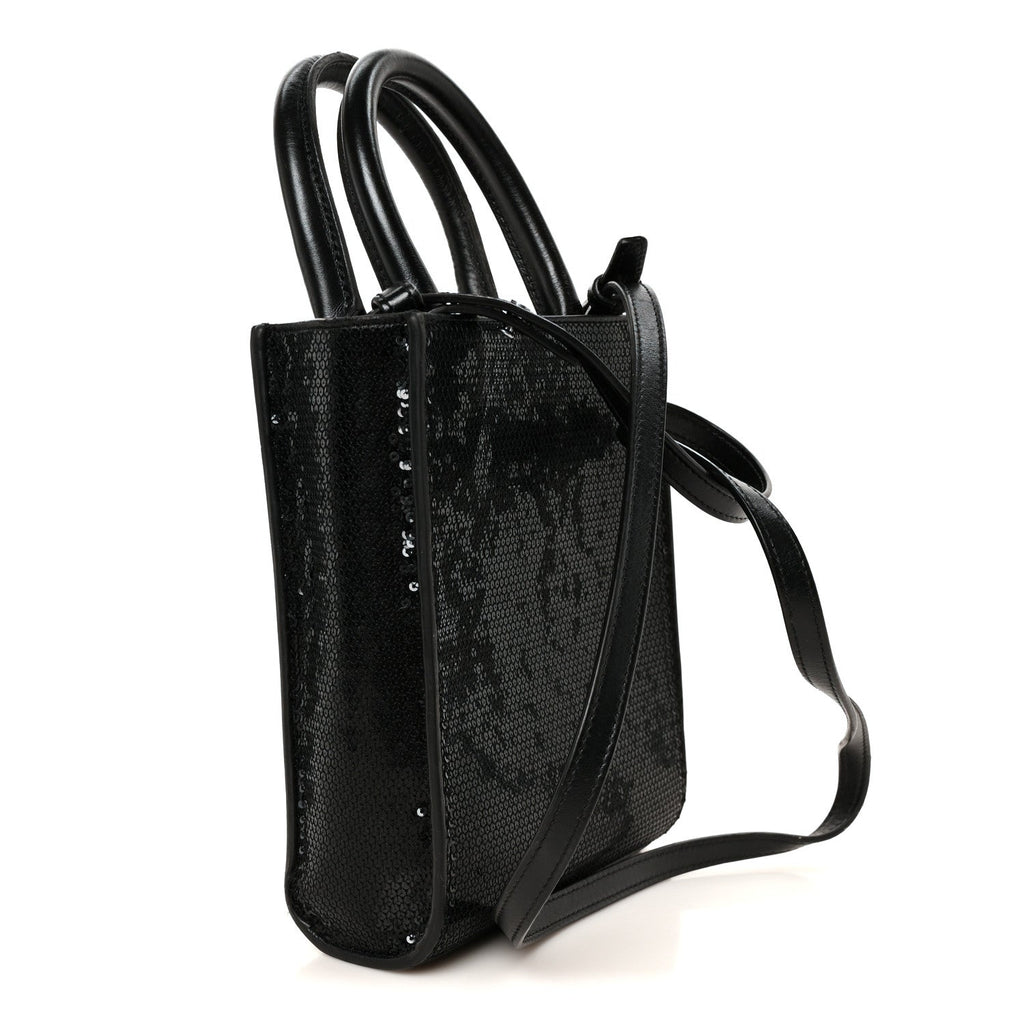 Sequin Calfskin Mini Vertical Cabas Black White