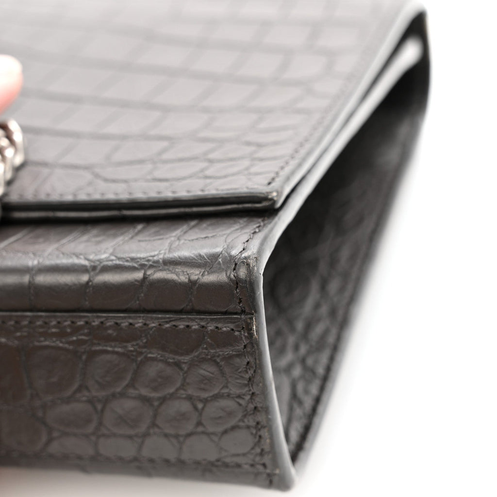 Calfskin Crocodile Embossed Medium Classic Monogram Kate Tassel Satchel Storm