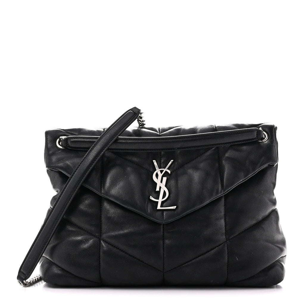 Lambskin Quilted Medium Loulou Puffer Monogram Chain Satchel Black