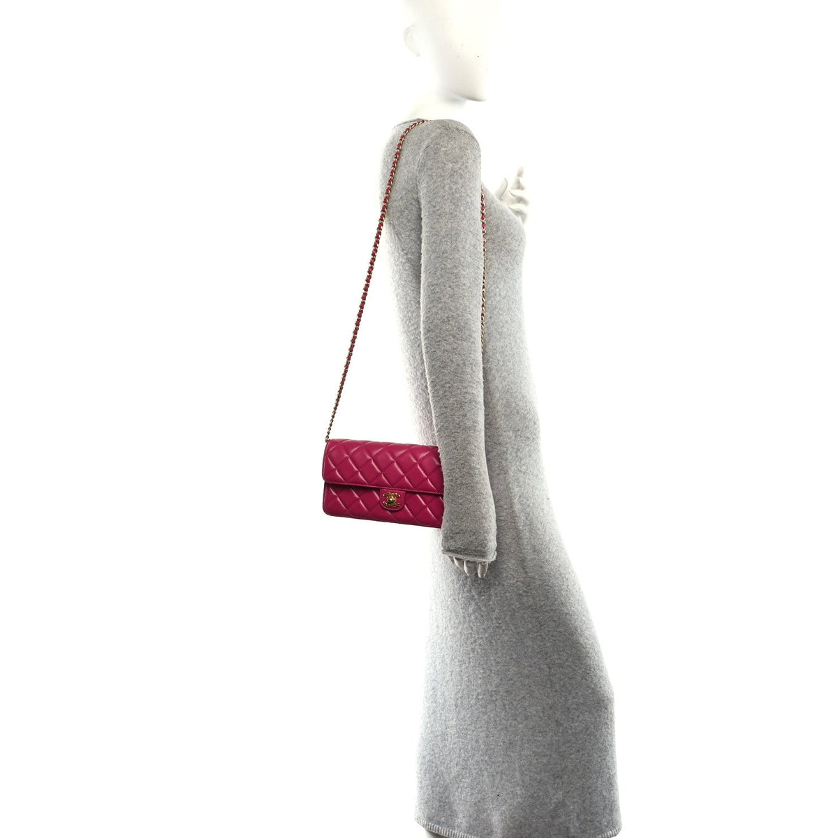 Shiny Lambskin Quilted Flap Clutch Bag Dark Pink