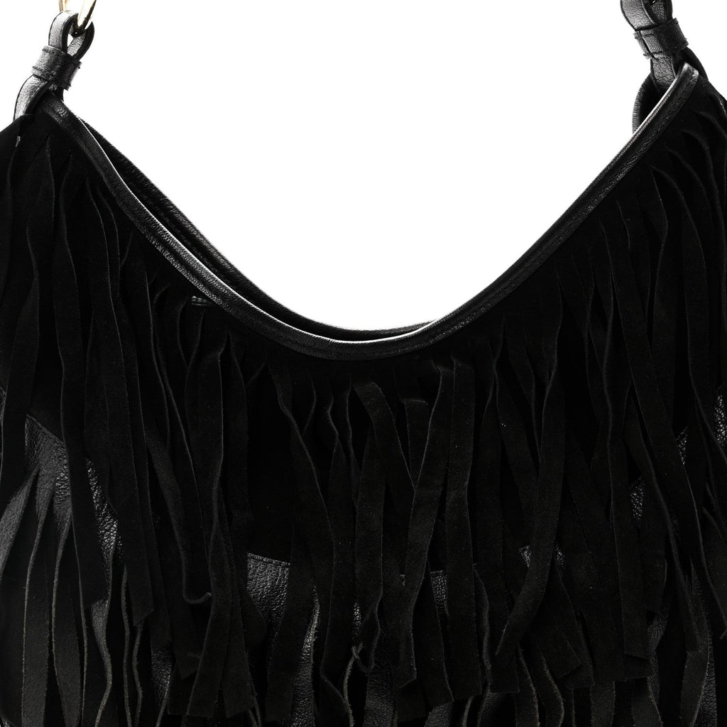 Suede Calfskin Fringe Buffalo Horn Mombasa Hobo Black