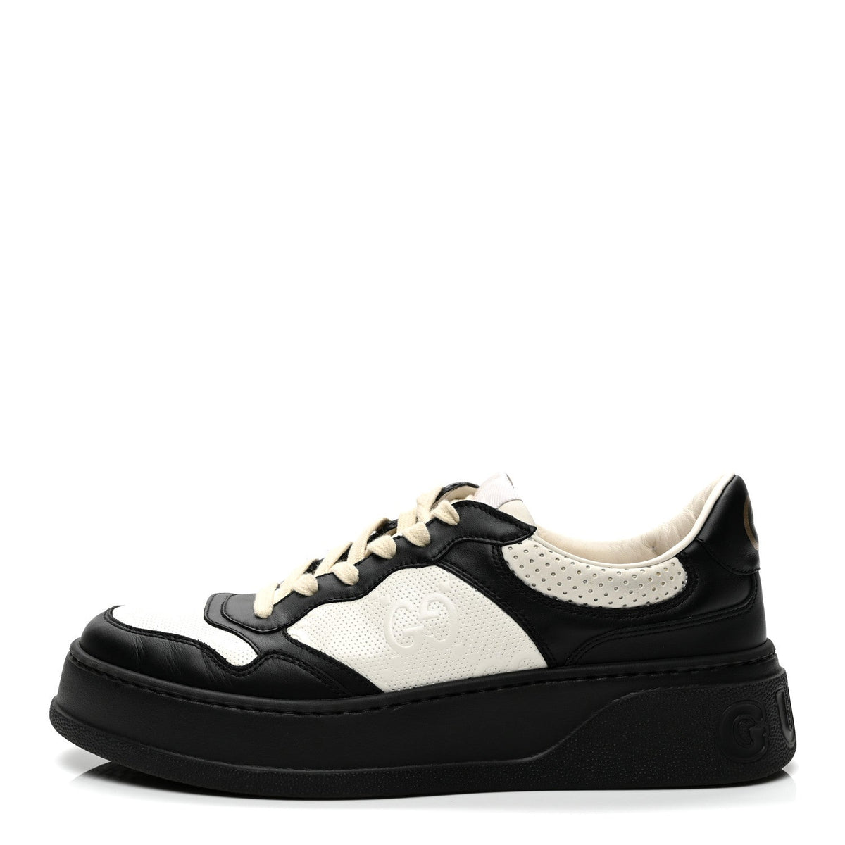 Calfskin GG Tennis Embossed Perforated Mens Interlocking G 55mm Sneakers 8.5 Black White