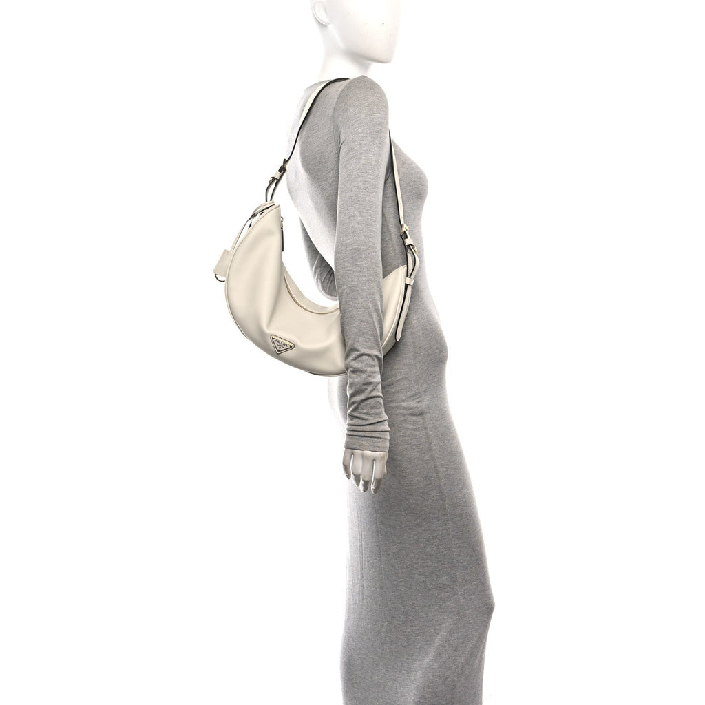 Soft Grain Calfskin Large Demi-Lune Shoulder Bag White