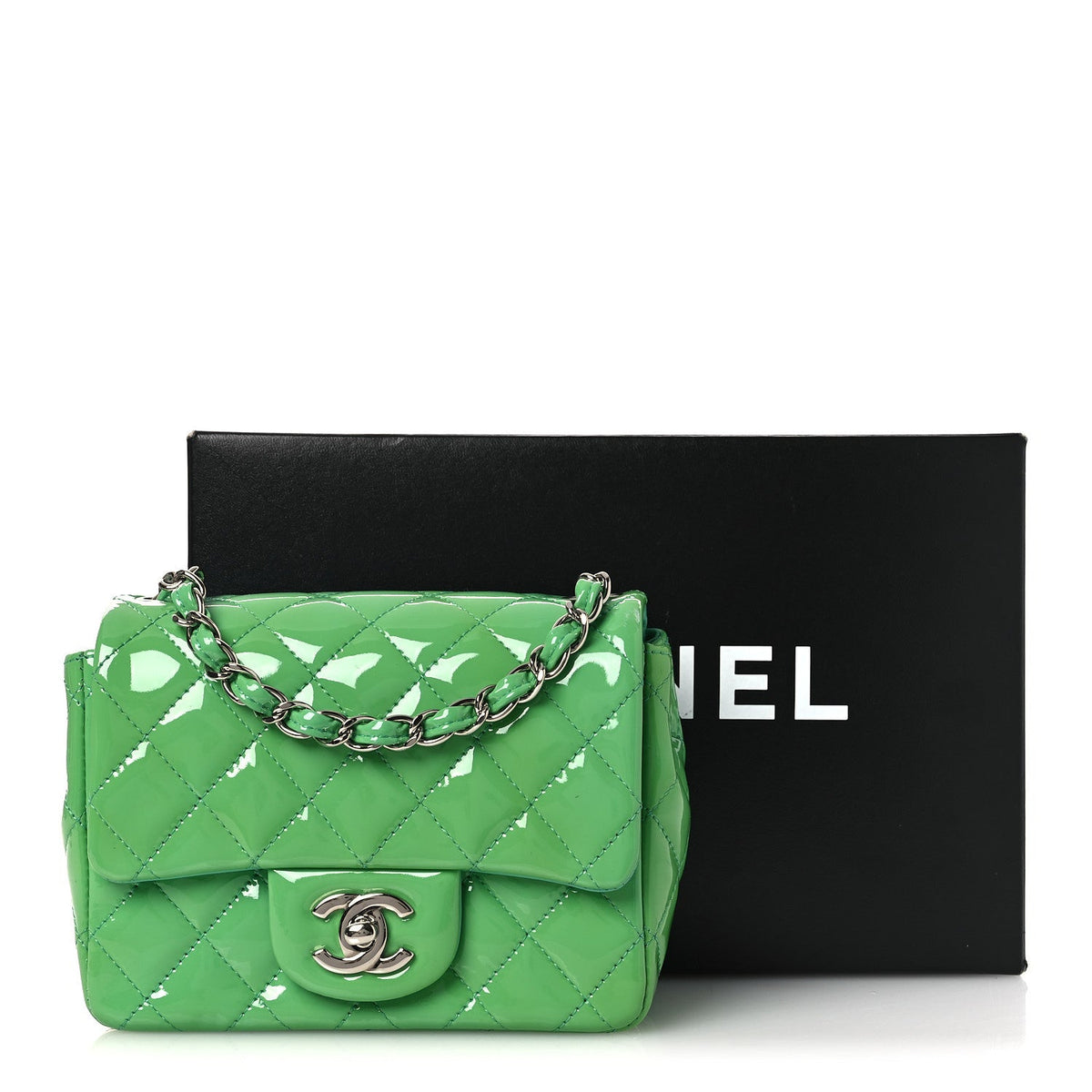 Patent Calfskin Quilted Mini Square Flap Green