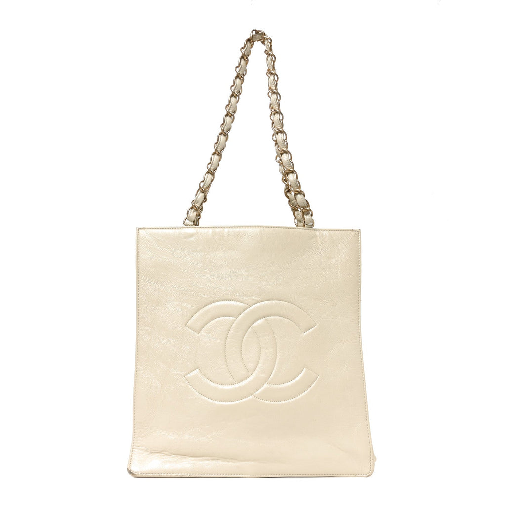 Shiny Aged Calfskin North South Shopping Bag White