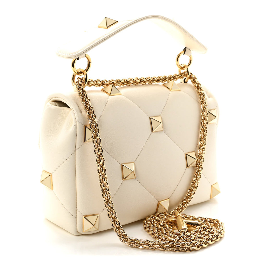 Nappa Enamel Medium Roman Stud Shoulder Bag Ivory