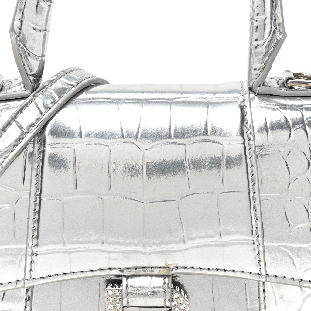 Metallic Calfskin Crocodile Embossed Crystal Hourglass Top Handle Bag XS Silver