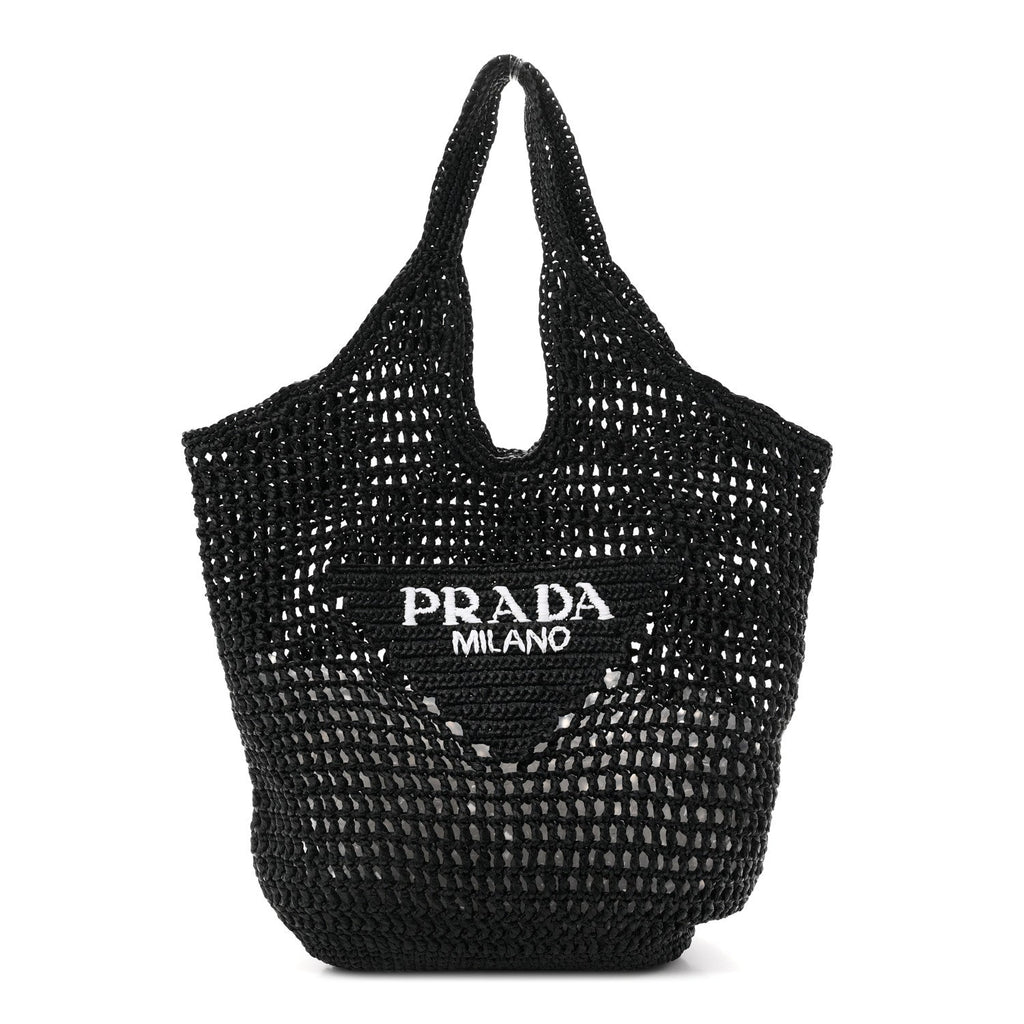 Yarn Raffia Effect Crochet Logo Embroidered Shopping Tote Bag Black