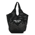 Yarn Raffia Effect Crochet Logo Embroidered Shopping Tote Bag Black