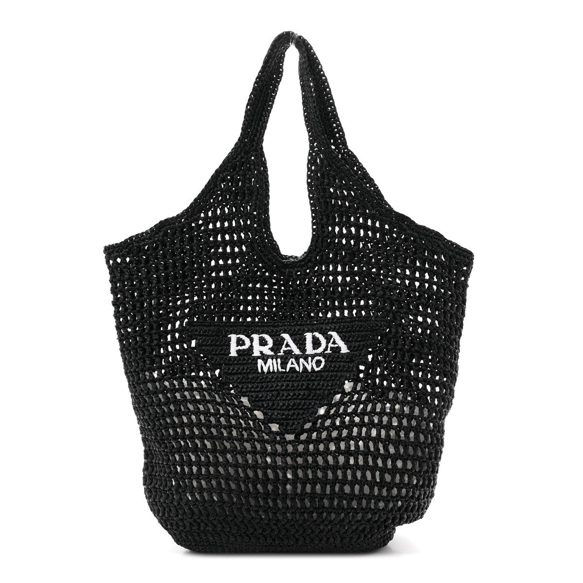 Yarn Raffia Effect Crochet Logo Embroidered Shopping Tote Bag Black