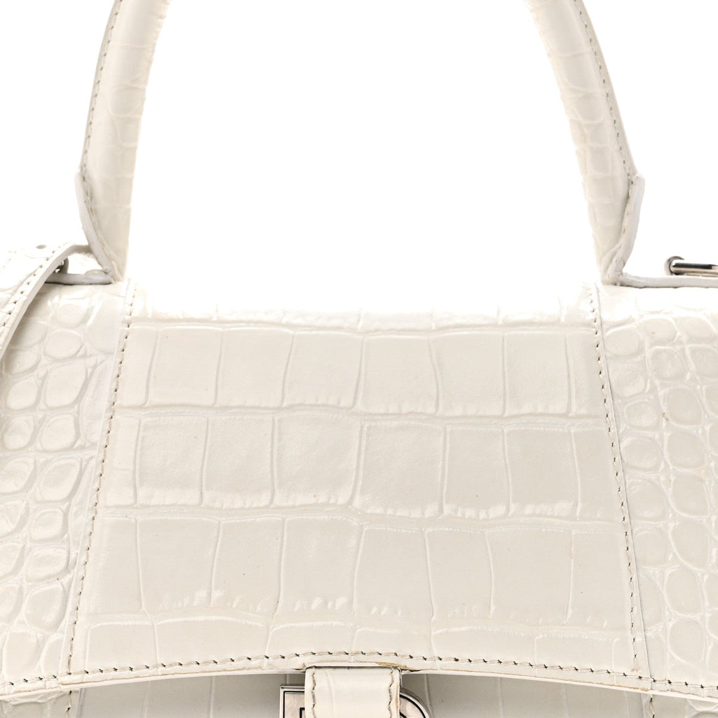 Calfskin Crocodile Embossed Small Hourglass Top Handle Bag White White