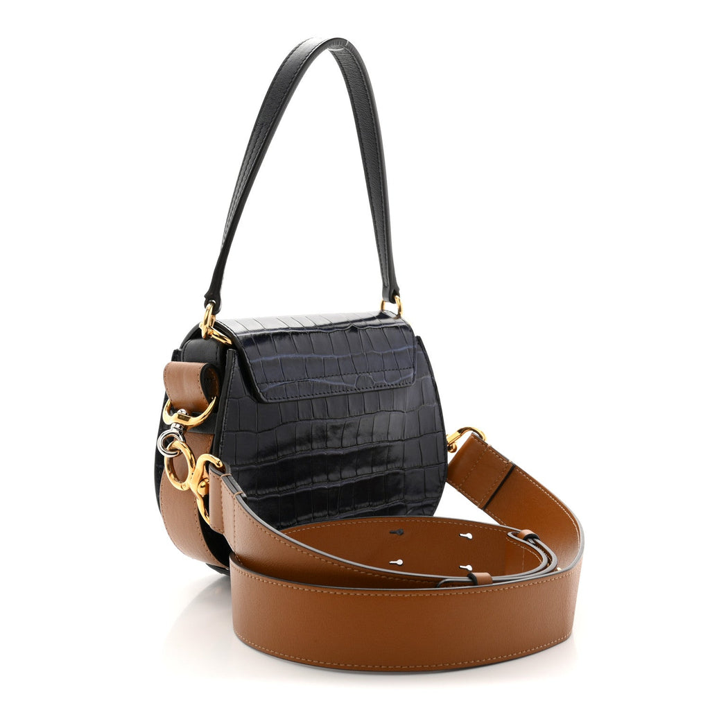 Calfskin Crocodile Embossed Small Tess Bag Full Blue