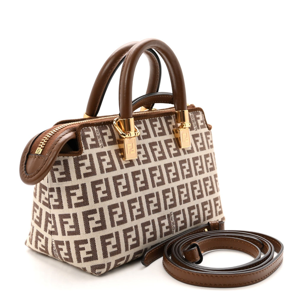Vitello Grace Jacquard FF Mini By The Way Top Handle Boston Bag  Gianduia Panna