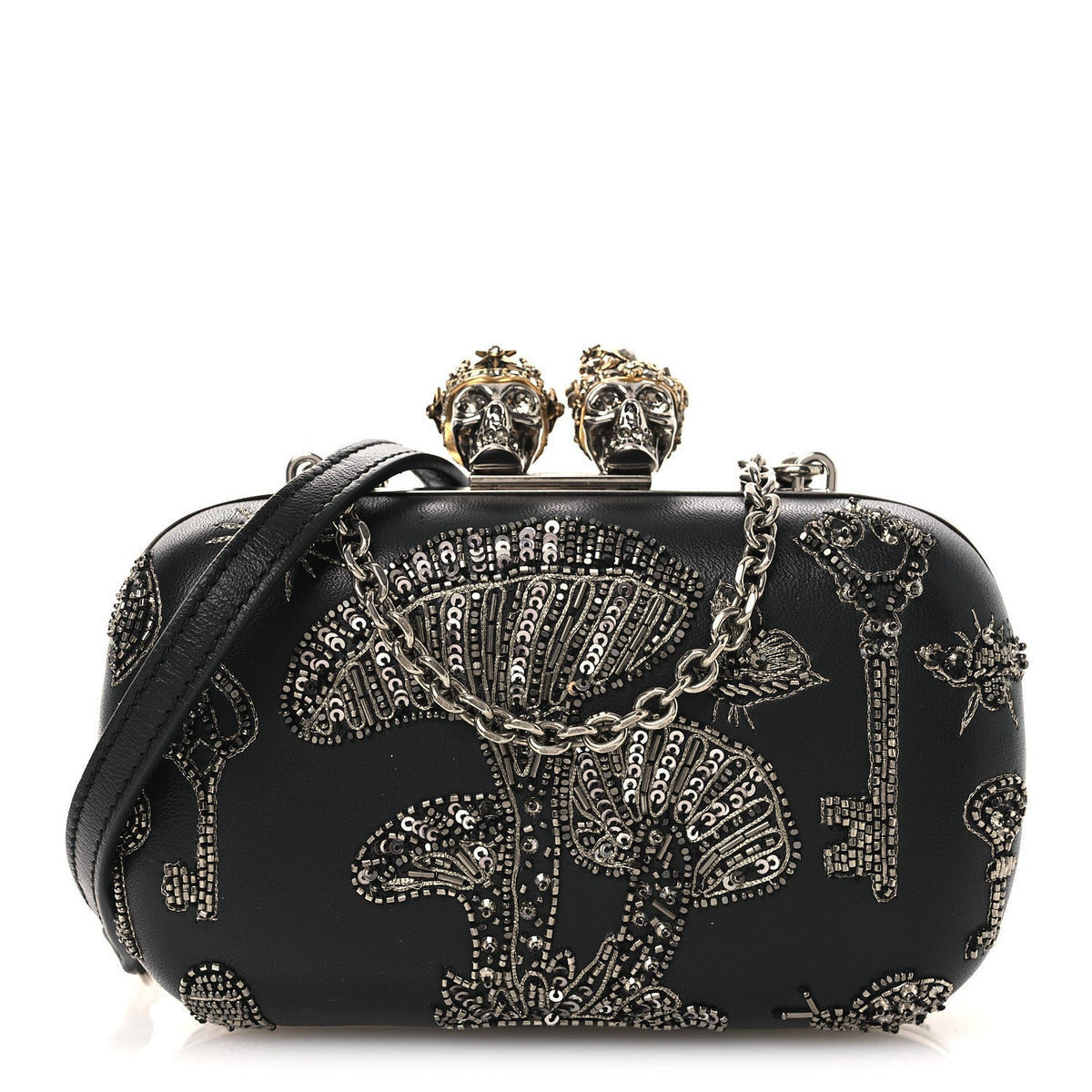 Nappa Crystal Embroidered Mushroom Box Clutch Black