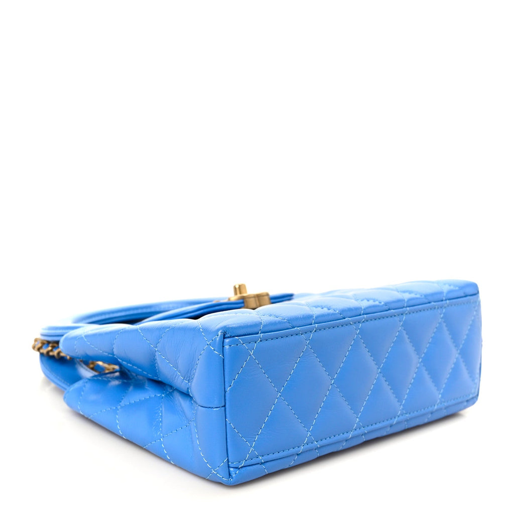 Shiny Aged Calfskin Quilted Nano Kelly Shopper Blue