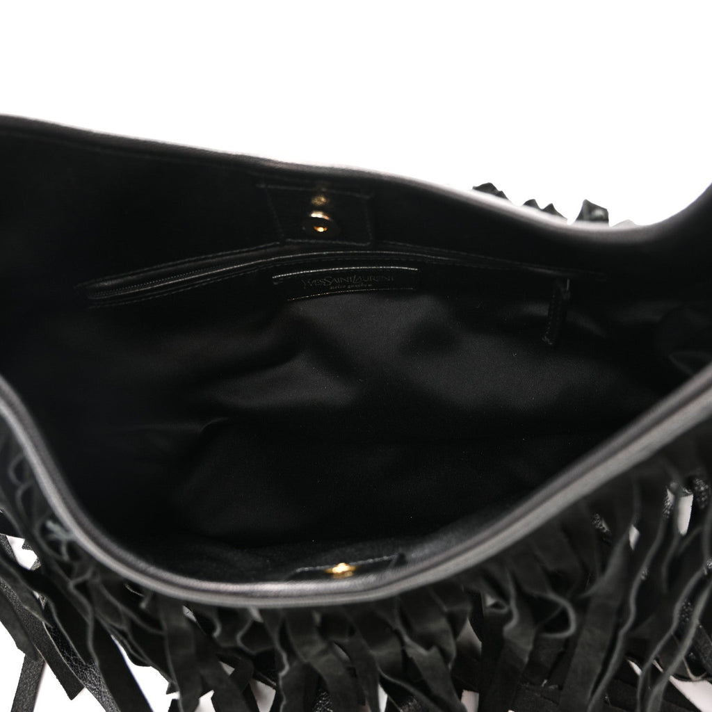 Suede Calfskin Fringe Buffalo Horn Mombasa Hobo Black