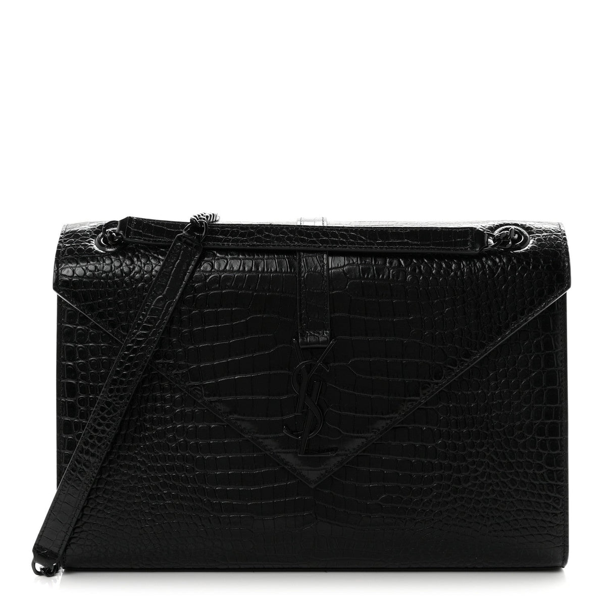 Calfskin Crocodile Embossed Monogram Large Satchel Black