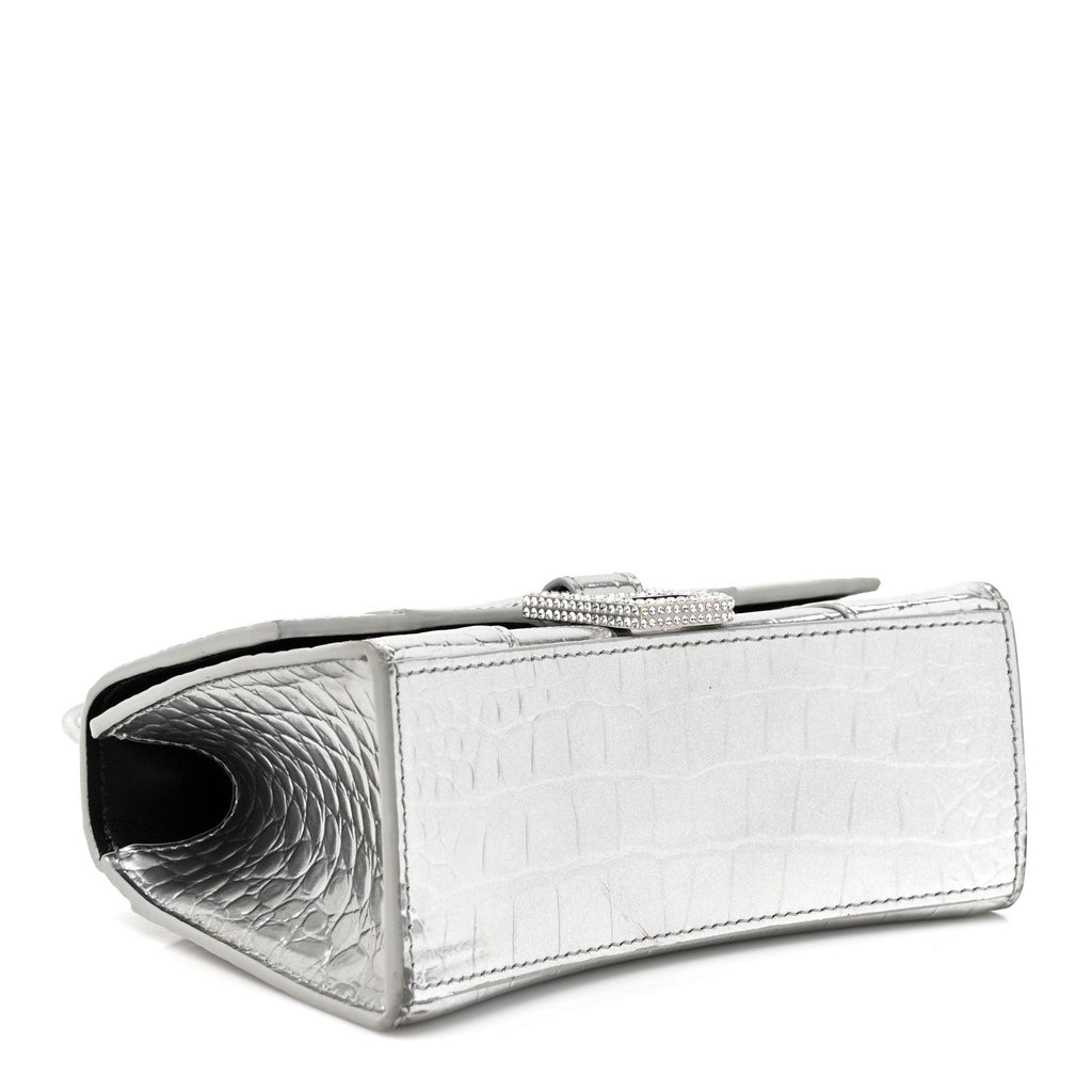 Metallic Calfskin Crocodile Embossed Crystal Hourglass Top Handle Bag XS Silver
