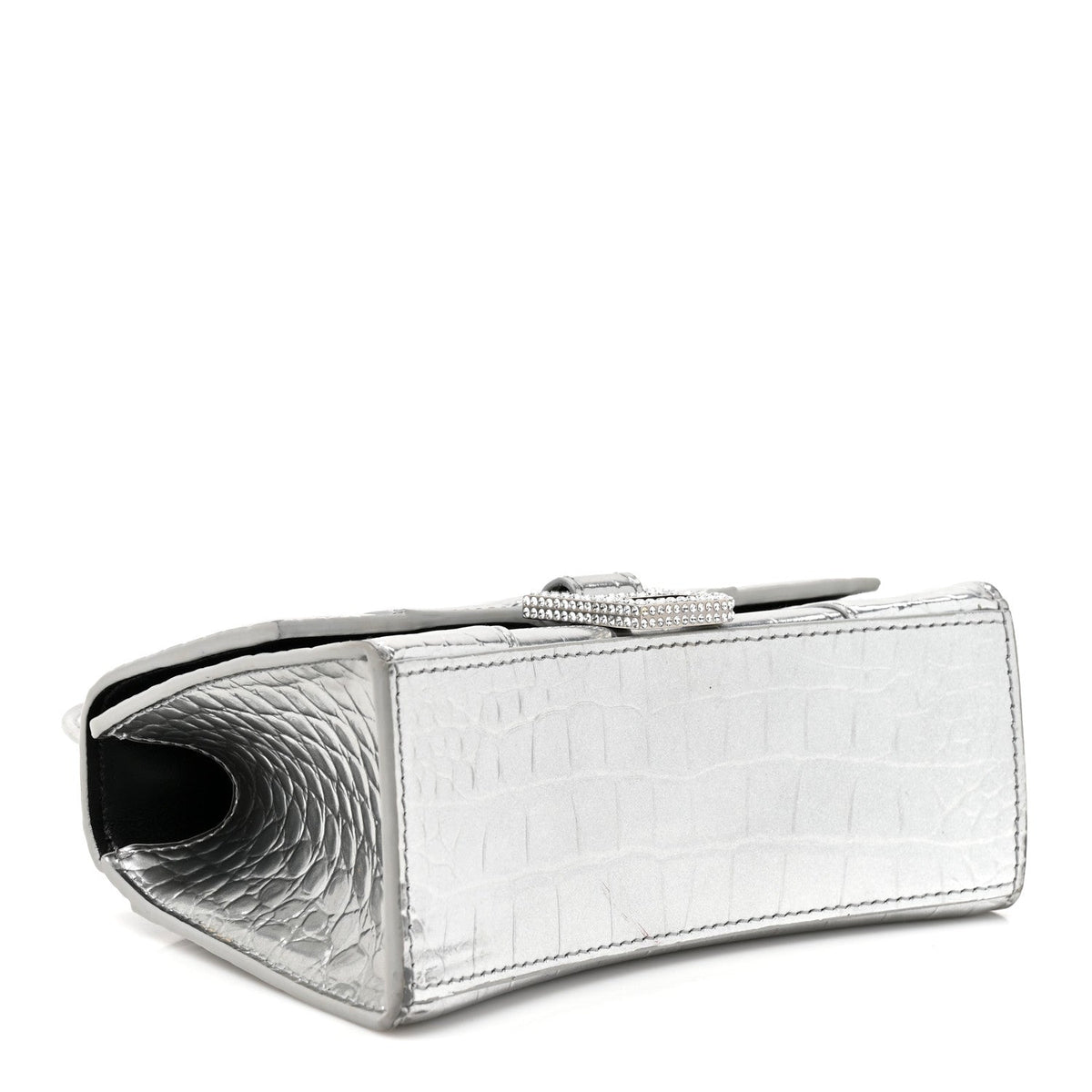 Metallic Calfskin Crocodile Embossed Crystal Hourglass Top Handle Bag XS Silver