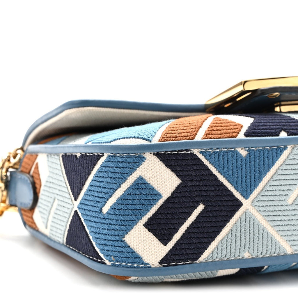 Canvas Vitello King Seta FF Embroidered Mini Baguette Blue Multicolor