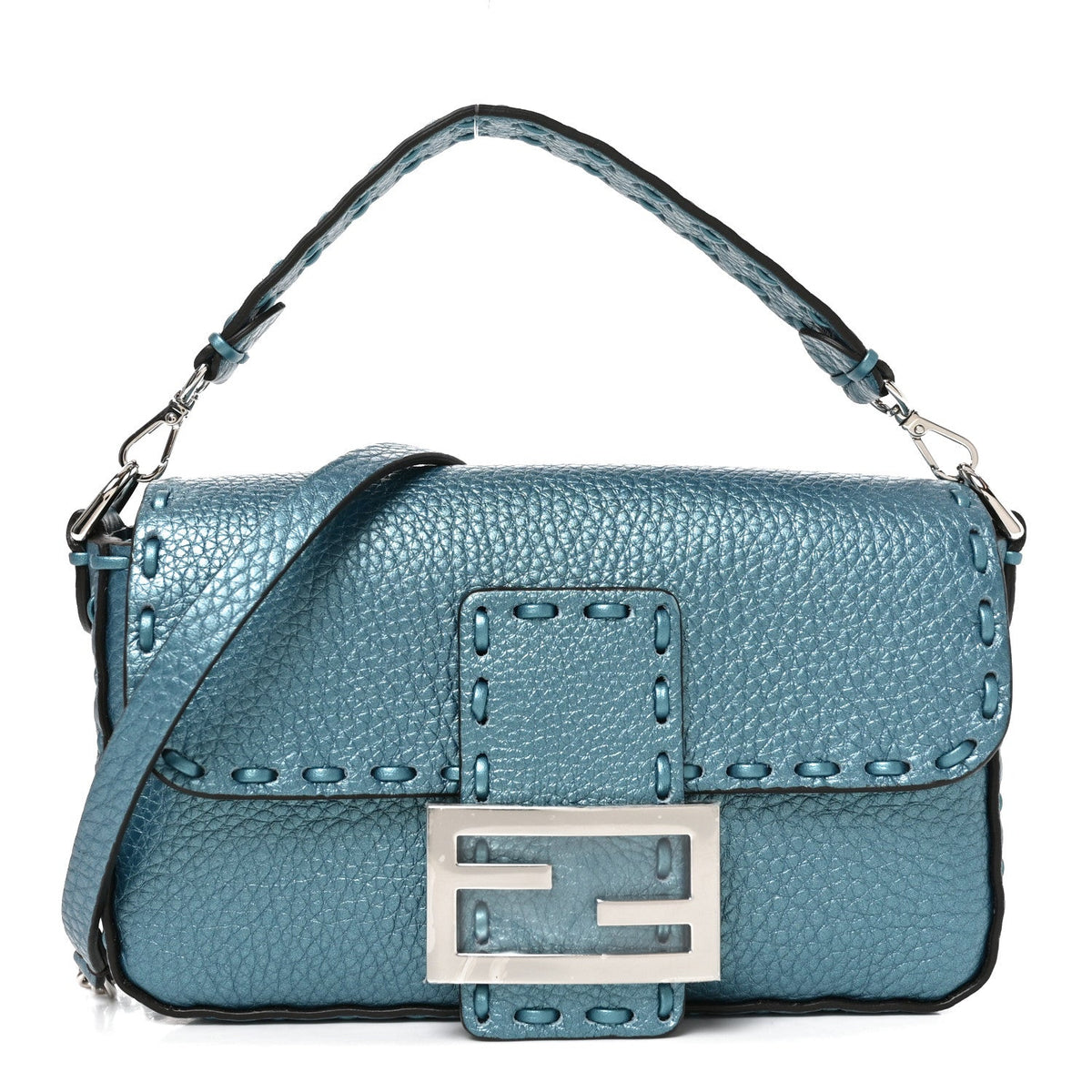 Metallic Cuoio Roma Sellerissima Nappa Sintetica Tape Stitch Mini Baguette Placca Argento