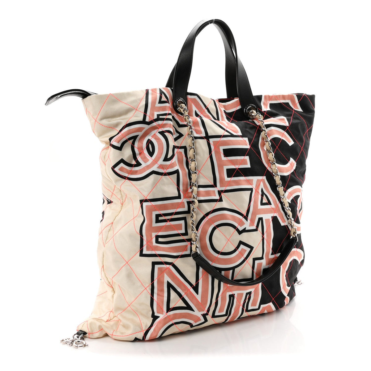 Nylon Stitched Printed Logo Shopping Bag Black White