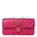 Shiny Lambskin Quilted Flap Clutch Bag Dark Pink
